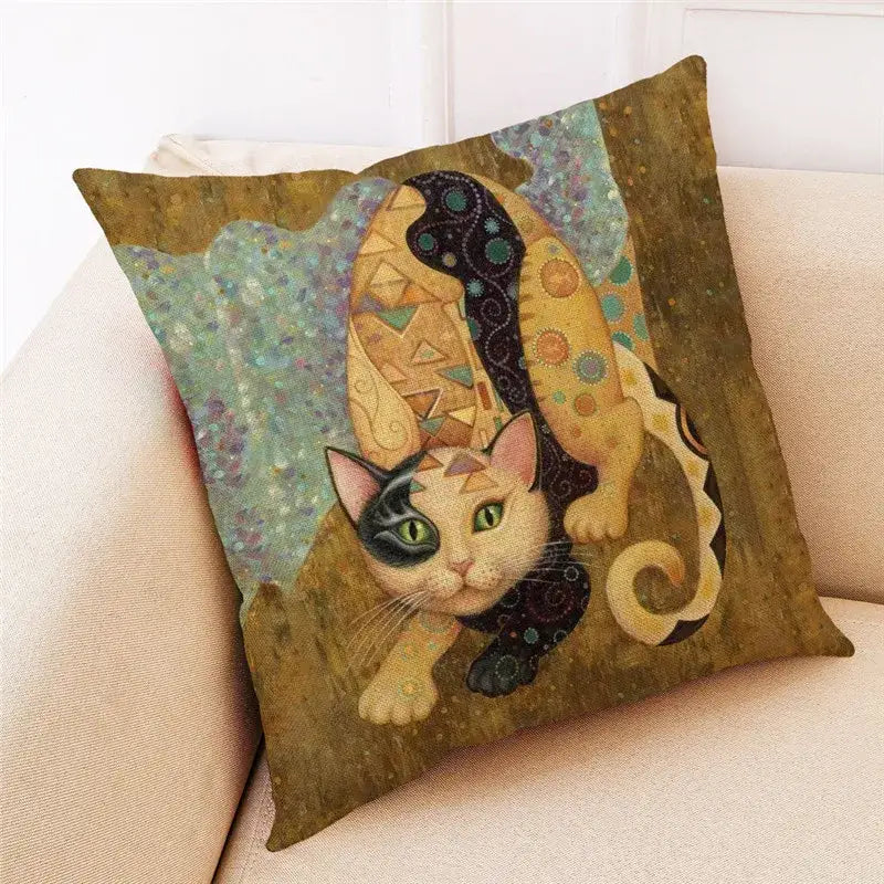 Ornate cat design linen pillowcase – living room cushion cover