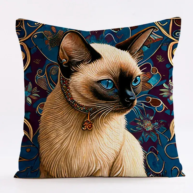 Ornate cat design linen pillowcase – living room cushion cover