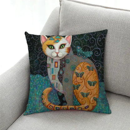 Ornate cat design linen pillowcase – living room cushion cover