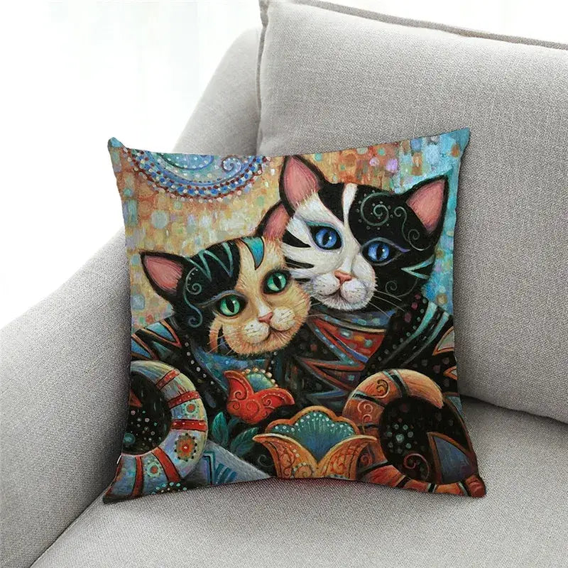Ornate cat design linen pillowcase – living room cushion cover