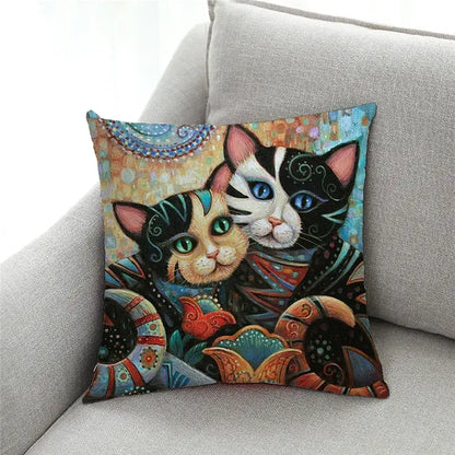 Ornate cat design linen pillowcase – living room cushion cover