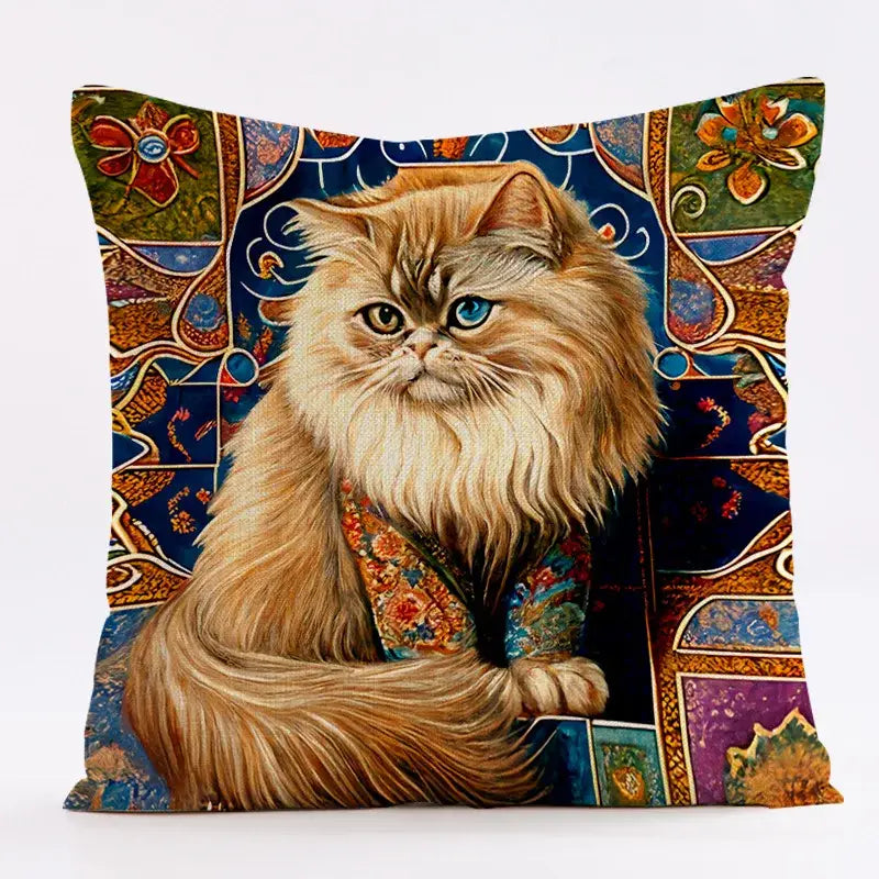 Ornate cat design linen pillowcase – living room cushion cover