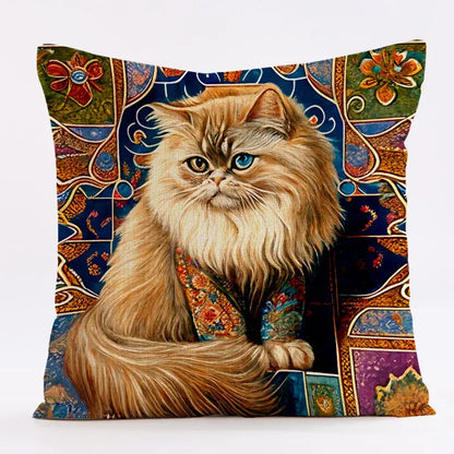 Ornate cat design linen pillowcase – living room cushion cover