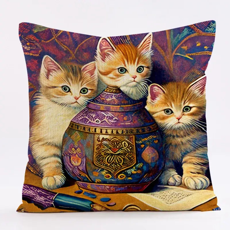 Ornate cat design linen pillowcase – living room cushion cover