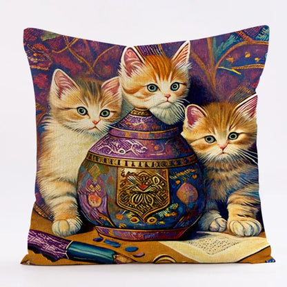 Ornate cat design linen pillowcase – living room cushion cover