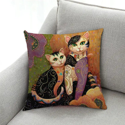 Ornate cat design linen pillowcase – living room cushion cover