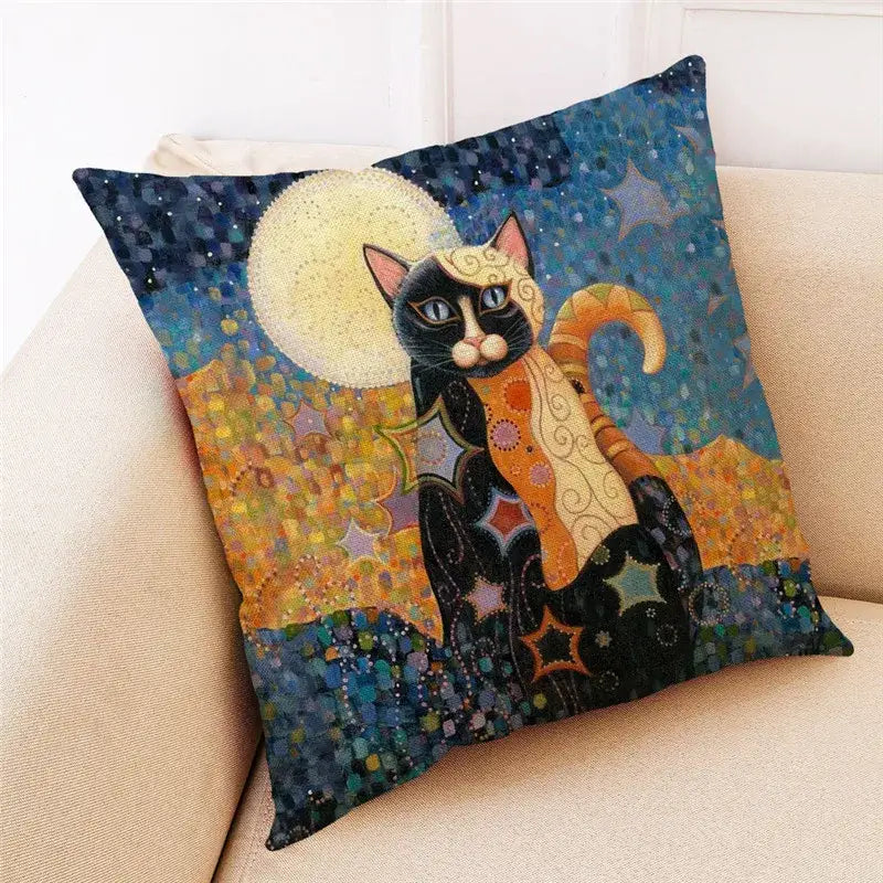 Ornate cat design linen pillowcase – living room cushion cover