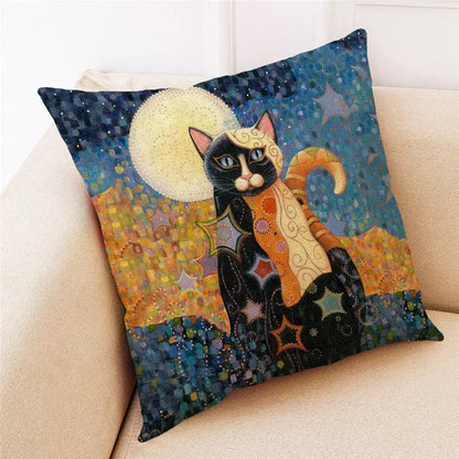 Ornate cat design linen pillowcase – living room cushion cover