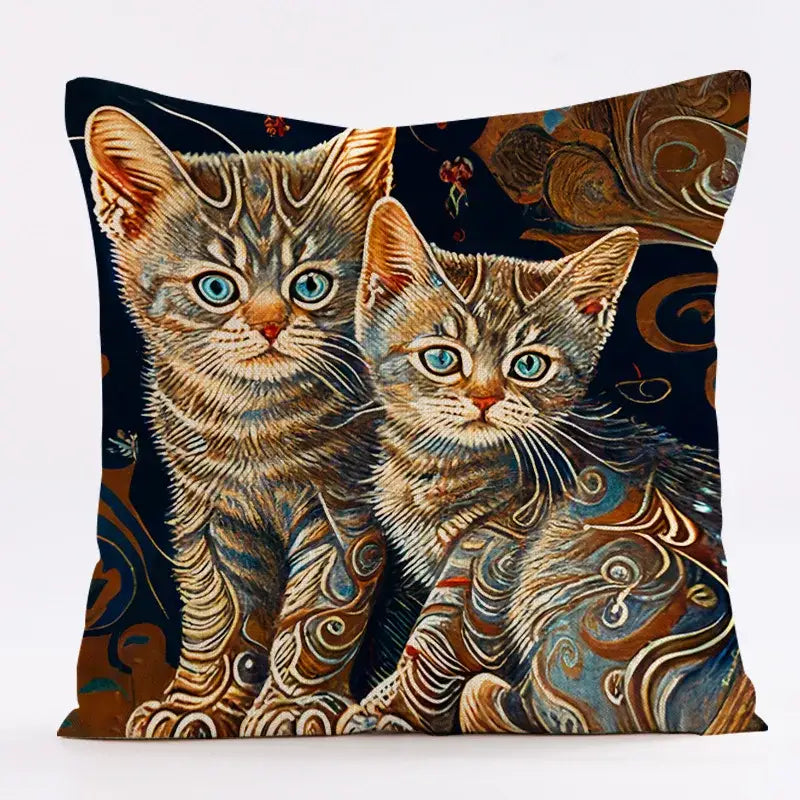 Ornate cat design linen pillowcase – living room cushion cover