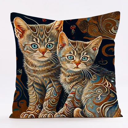 Ornate cat design linen pillowcase – living room cushion cover