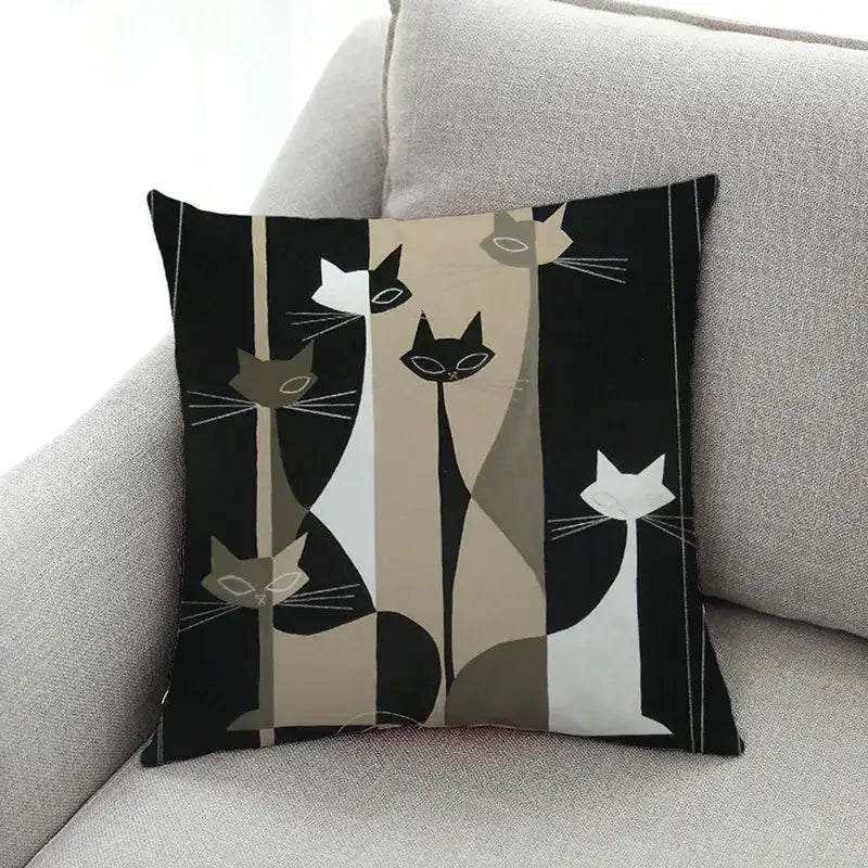 Ornate cat design linen pillowcase – living room cushion cover