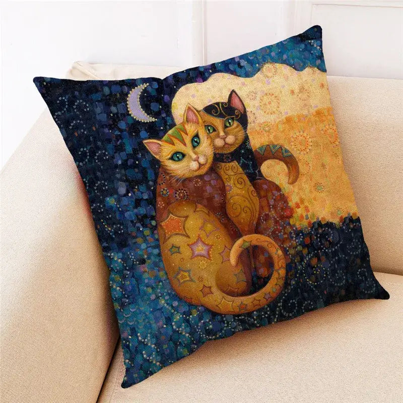 Ornate cat design linen pillowcase – living room cushion cover
