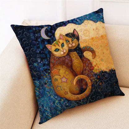 Ornate cat design linen pillowcase – living room cushion cover