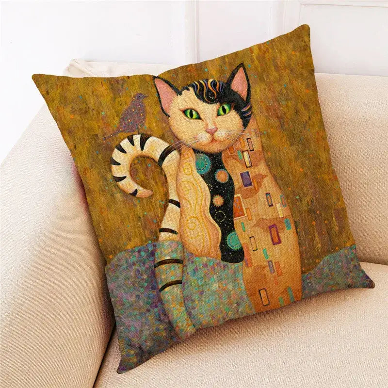Ornate cat design linen pillowcase – living room cushion cover