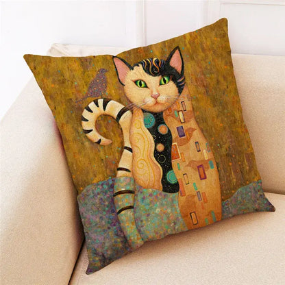 Ornate cat design linen pillowcase – living room cushion cover