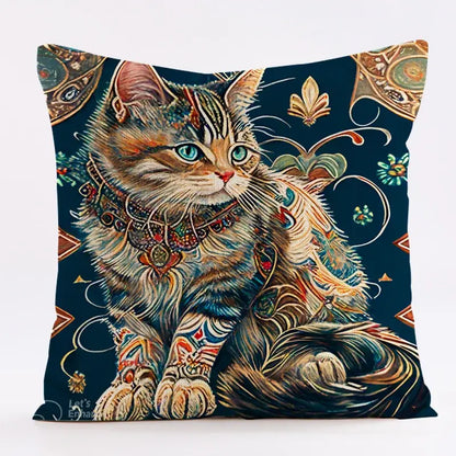 Ornate cat design linen pillowcase – living room cushion cover