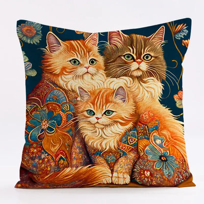 Ornate cat design linen pillowcase – living room cushion cover