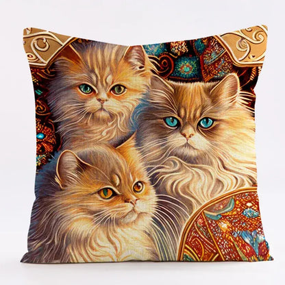Ornate cat design linen pillowcase – living room cushion cover