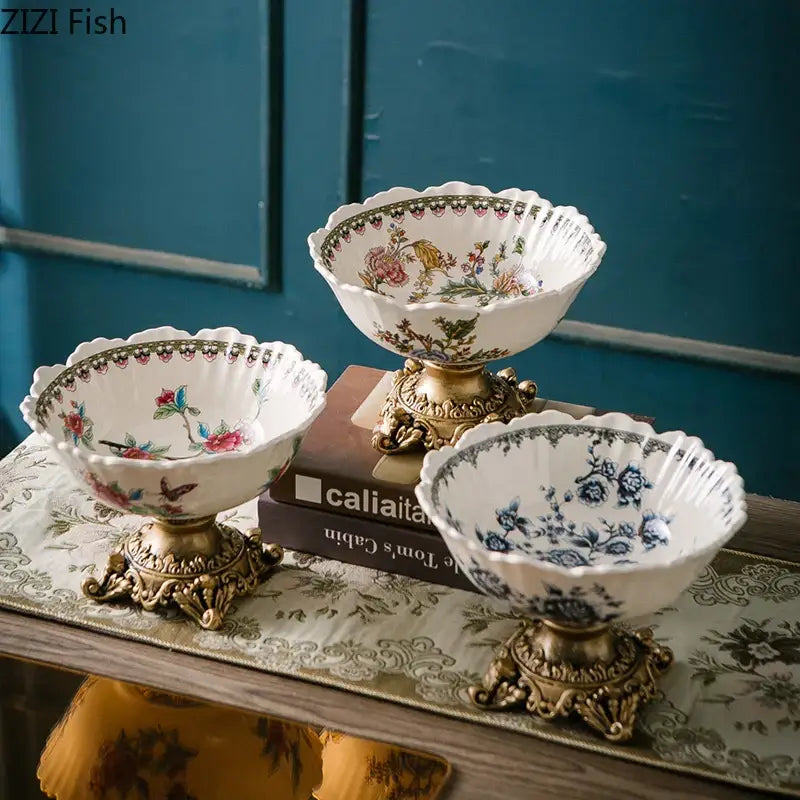 Ornate ceramic flower pattern fruit bowl tray dining room set