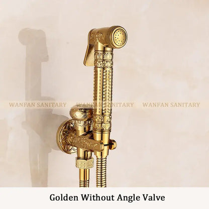 Ornate engraved gold brass wall mounted bidet faucet bathroom sprayer
