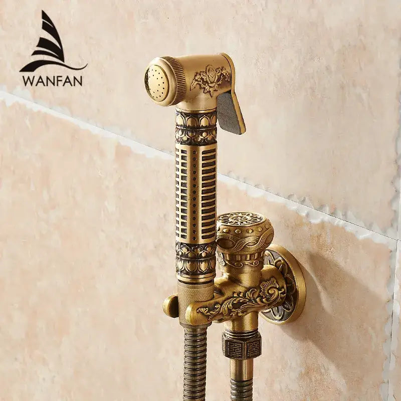 Ornate engraved gold brass wall mounted bidet faucet bathroom sprayer