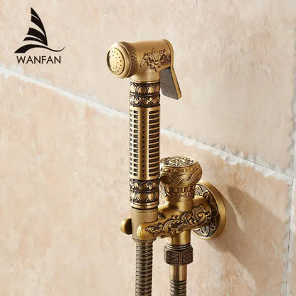 Ornate engraved gold brass wall mounted bidet faucet bathroom sprayer