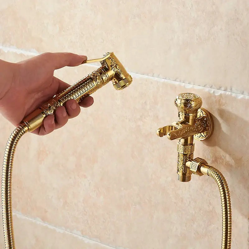 Ornate engraved gold brass wall mounted bidet faucet bathroom sprayer