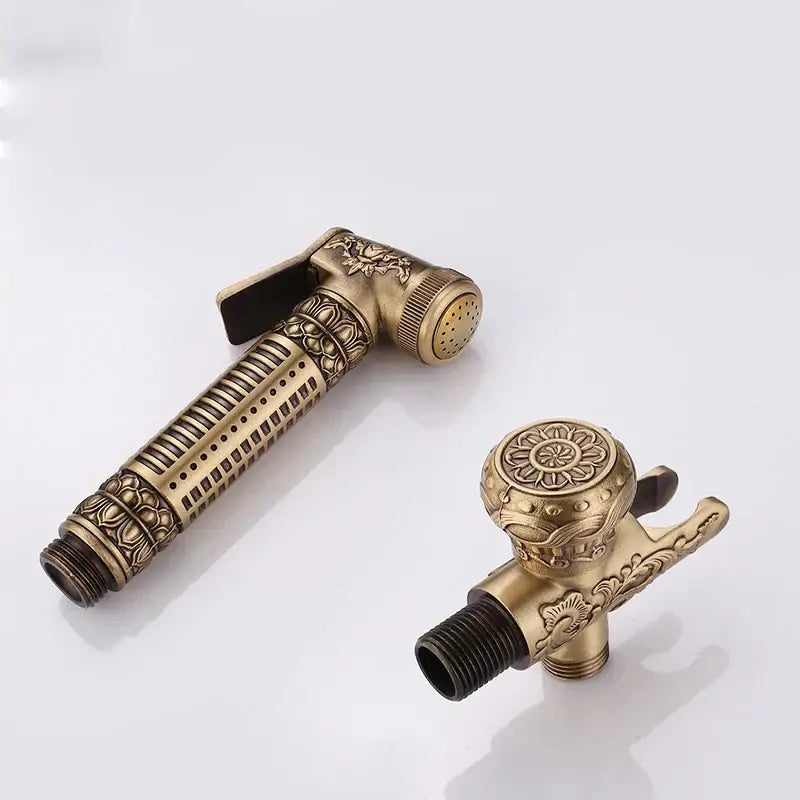 Ornate engraved gold brass wall mounted bidet faucet bathroom sprayer