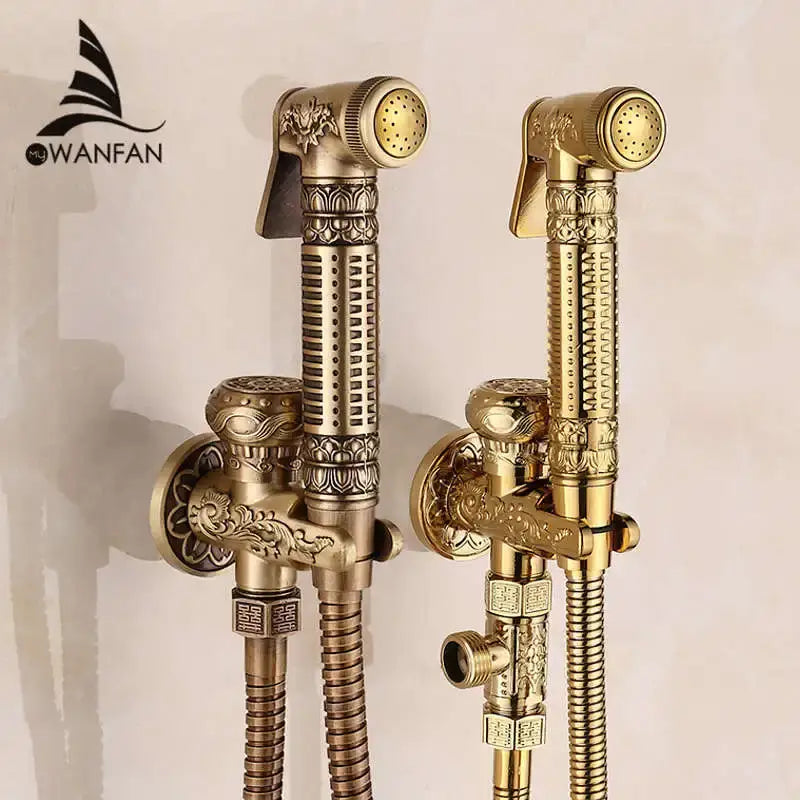 Ornate engraved gold brass wall mounted bidet faucet bathroom sprayer