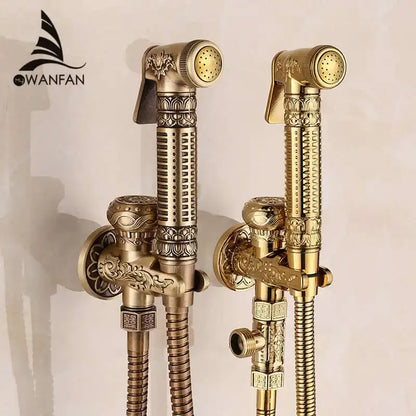 Ornate engraved gold brass wall mounted bidet faucet bathroom sprayer