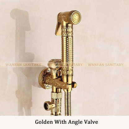 Ornate engraved gold brass wall mounted bidet faucet bathroom sprayer