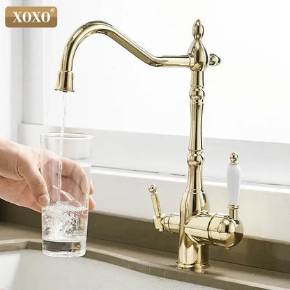 Ornate gold and white kitchen faucet mixer tap with ceramic handles