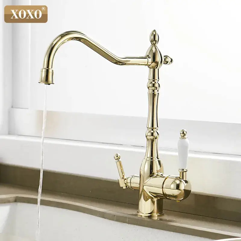 Ornate gold and white kitchen faucet mixer tap with ceramic handles
