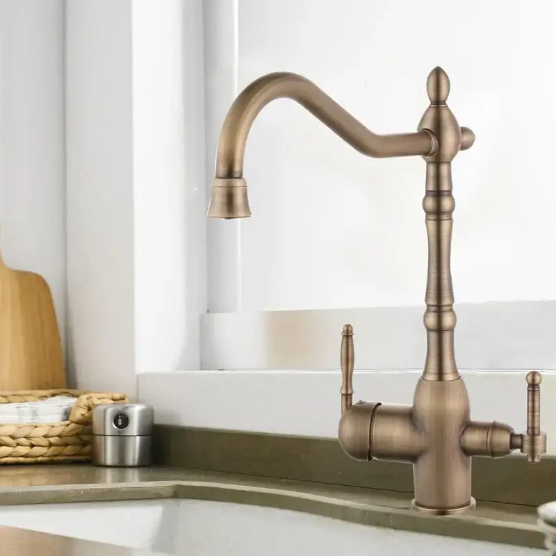Ornate gold and white kitchen faucet mixer tap with ceramic handles