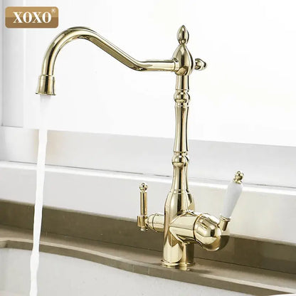 Ornate gold and white kitchen faucet mixer tap with ceramic handles
