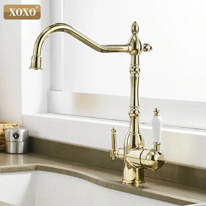 Ornate gold and white kitchen faucet mixer tap with ceramic handles