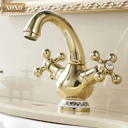Ornate gold & chrome double handle chrome basin faucet bathroom