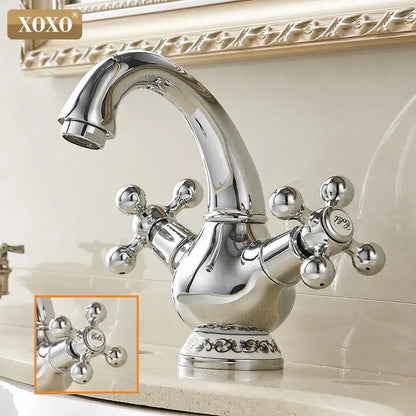 Ornate gold & chrome double handle chrome basin faucet bathroom