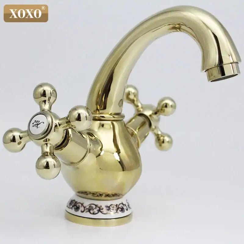 Ornate gold & chrome double handle chrome basin faucet bathroom