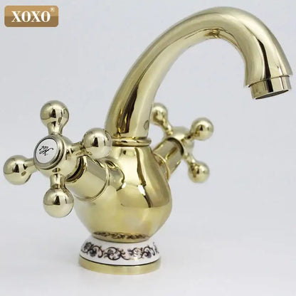 Ornate gold & chrome double handle chrome basin faucet bathroom