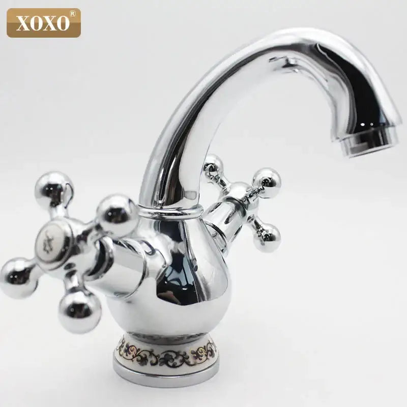 Ornate gold & chrome double handle chrome basin faucet bathroom