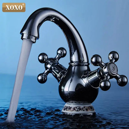 Ornate gold & chrome double handle chrome basin faucet bathroom