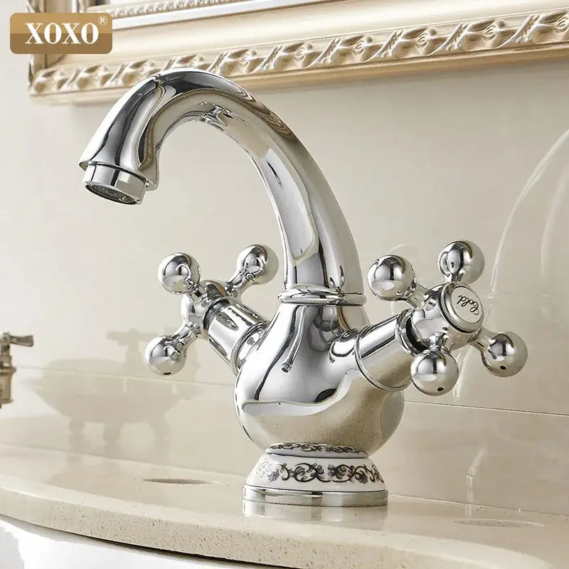 Ornate gold & chrome double handle chrome basin faucet bathroom