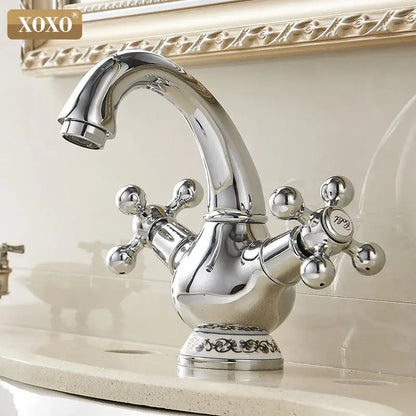 Ornate gold & chrome double handle chrome basin faucet bathroom