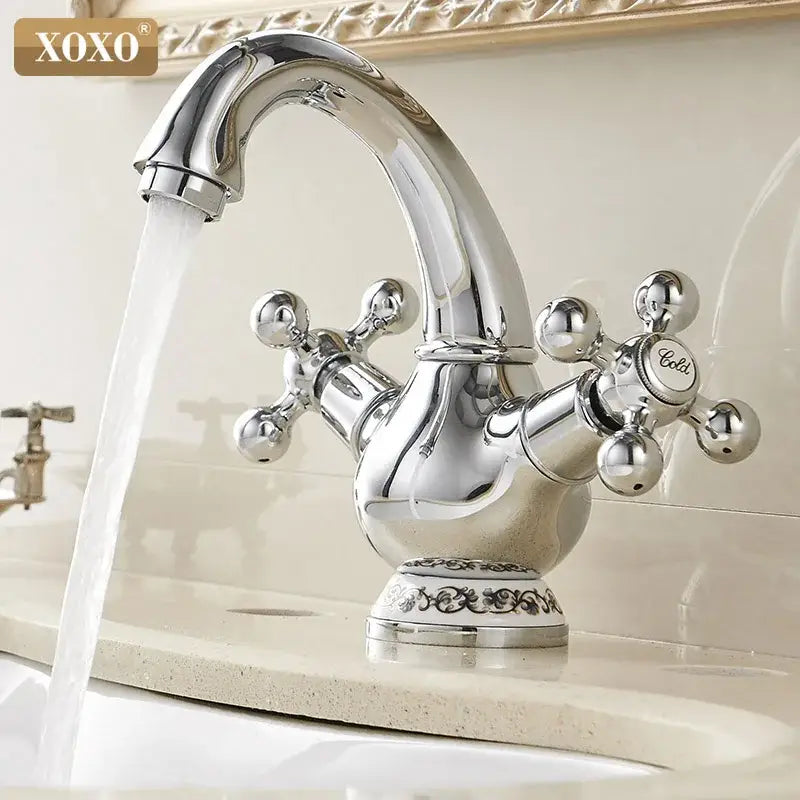 Ornate gold & chrome double handle chrome basin faucet bathroom