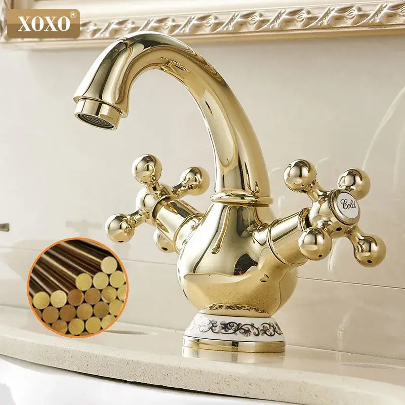 Ornate gold & chrome double handle chrome basin faucet bathroom