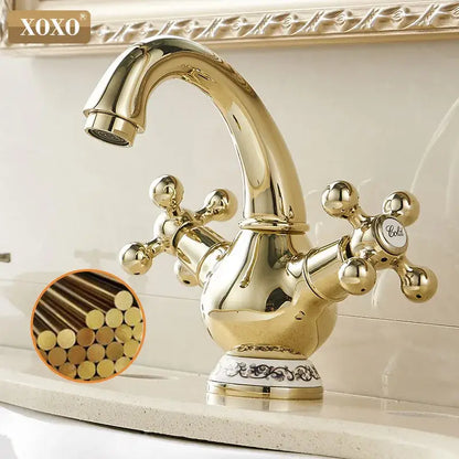 Ornate gold & chrome double handle chrome basin faucet bathroom