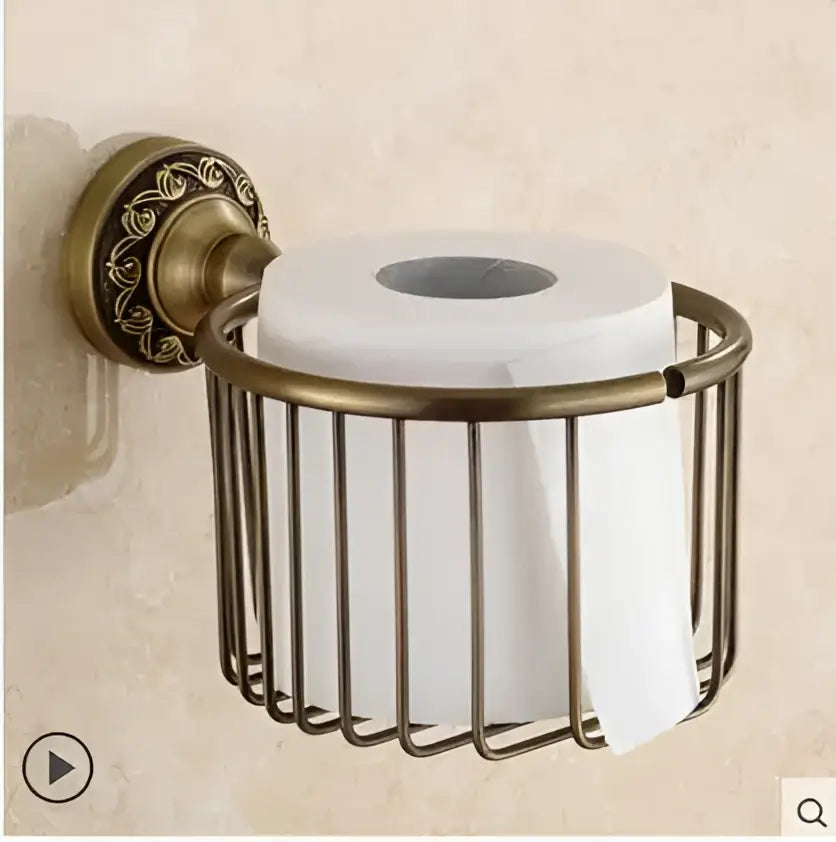 Ornate gold copper carved bathroom accessories set