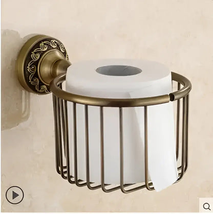Ornate gold copper carved bathroom accessories set