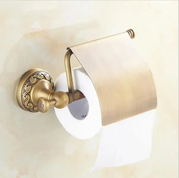 Ornate gold copper carved bathroom accessories set